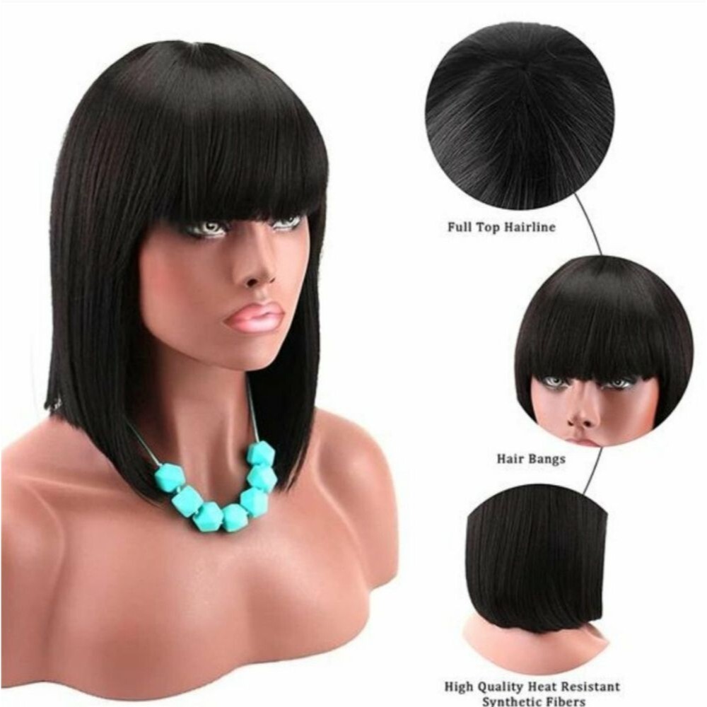 🆕️ Kalyss Yaki Black Short Bob Wig With Bangs Synthetic - Picture 9 of 12